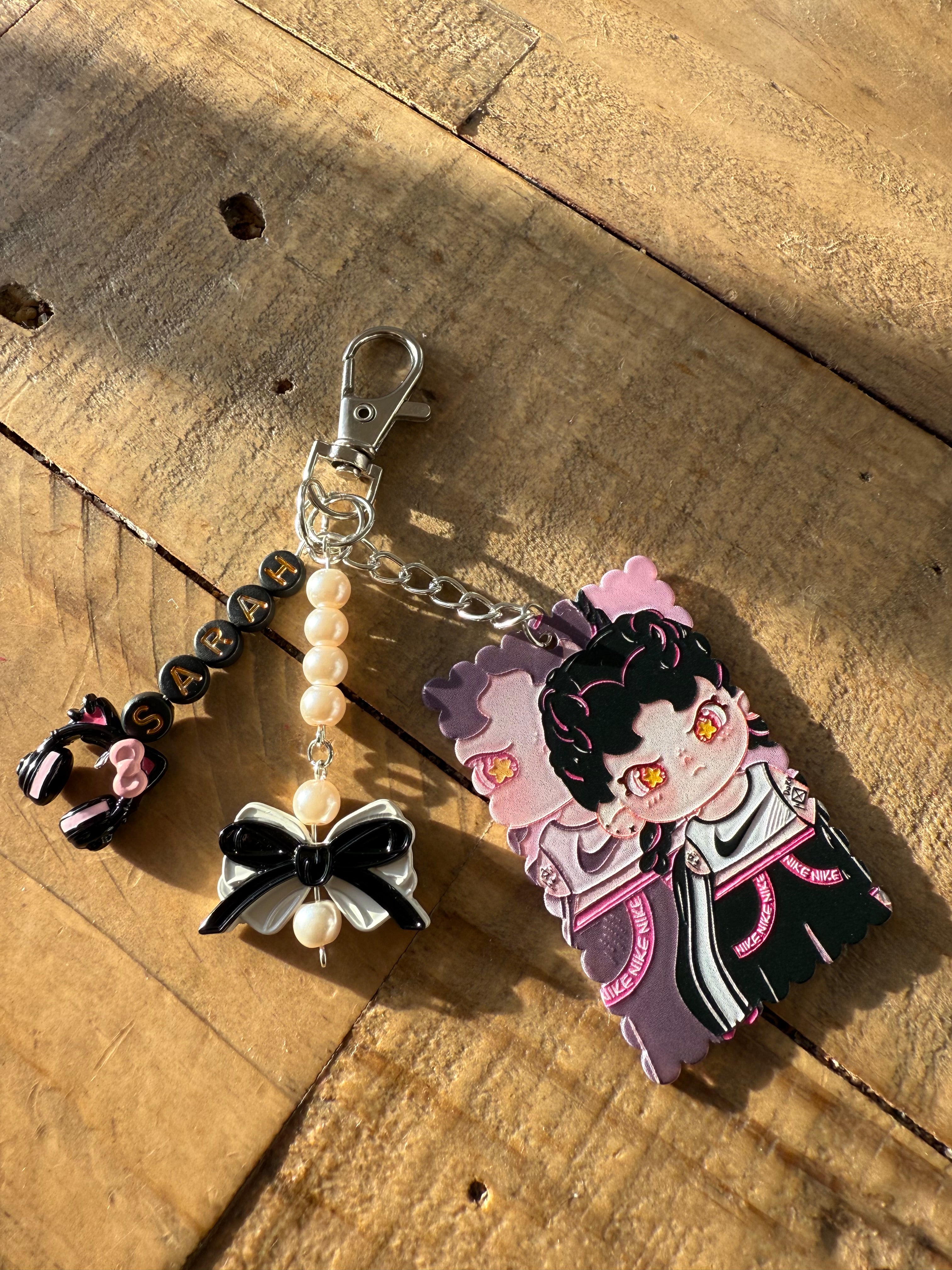 Custom Name Anime-Inspired Keychain | Kawaii Bow & Pearl Charm