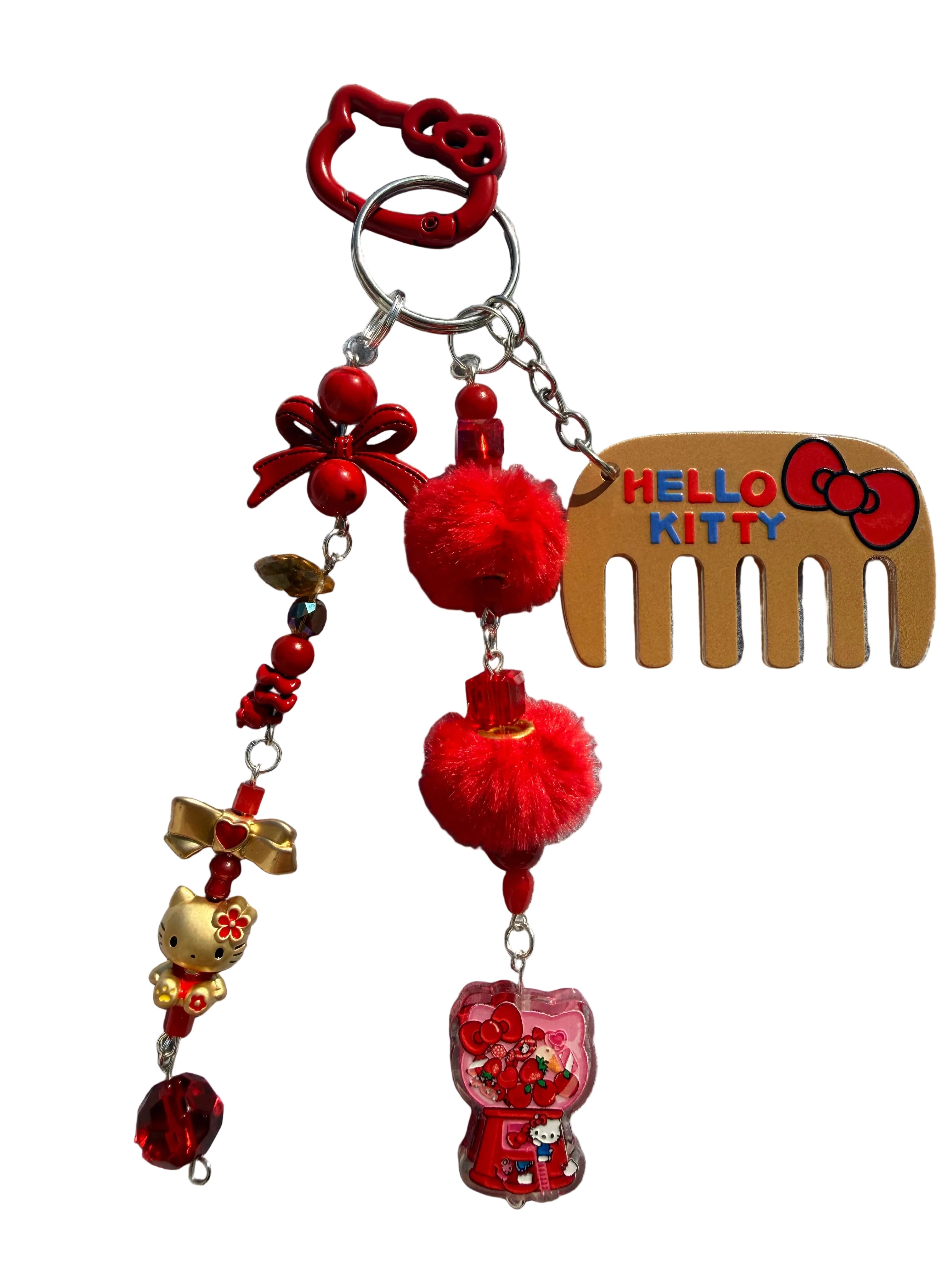 Red & Gold Kawaii Cat Charm Keyring with Mini Comb | Lucky Bag Charm