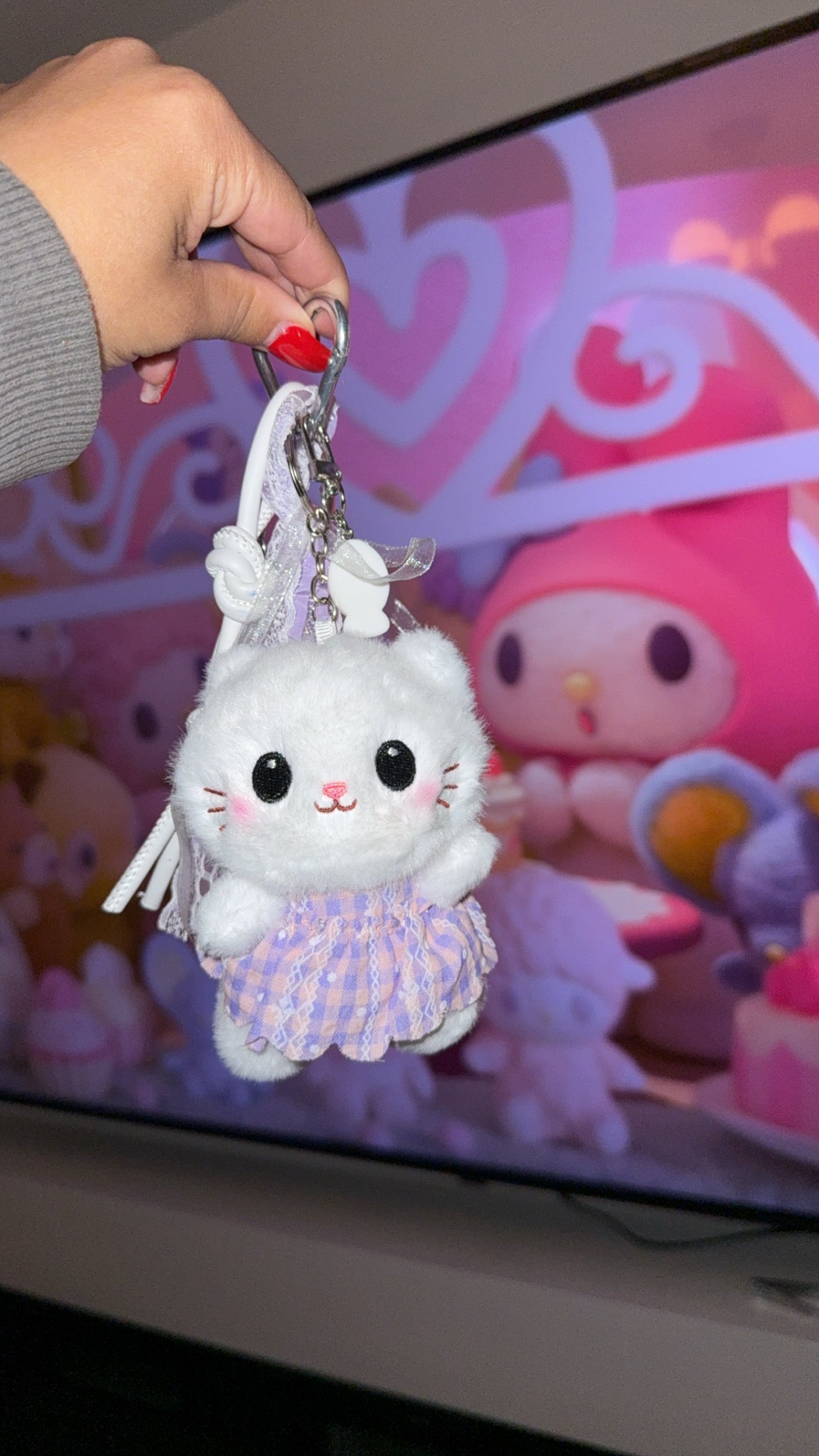 Kawaii Lavender Cat Keychain | Plush Kitty Charm with Lace & Ribbons