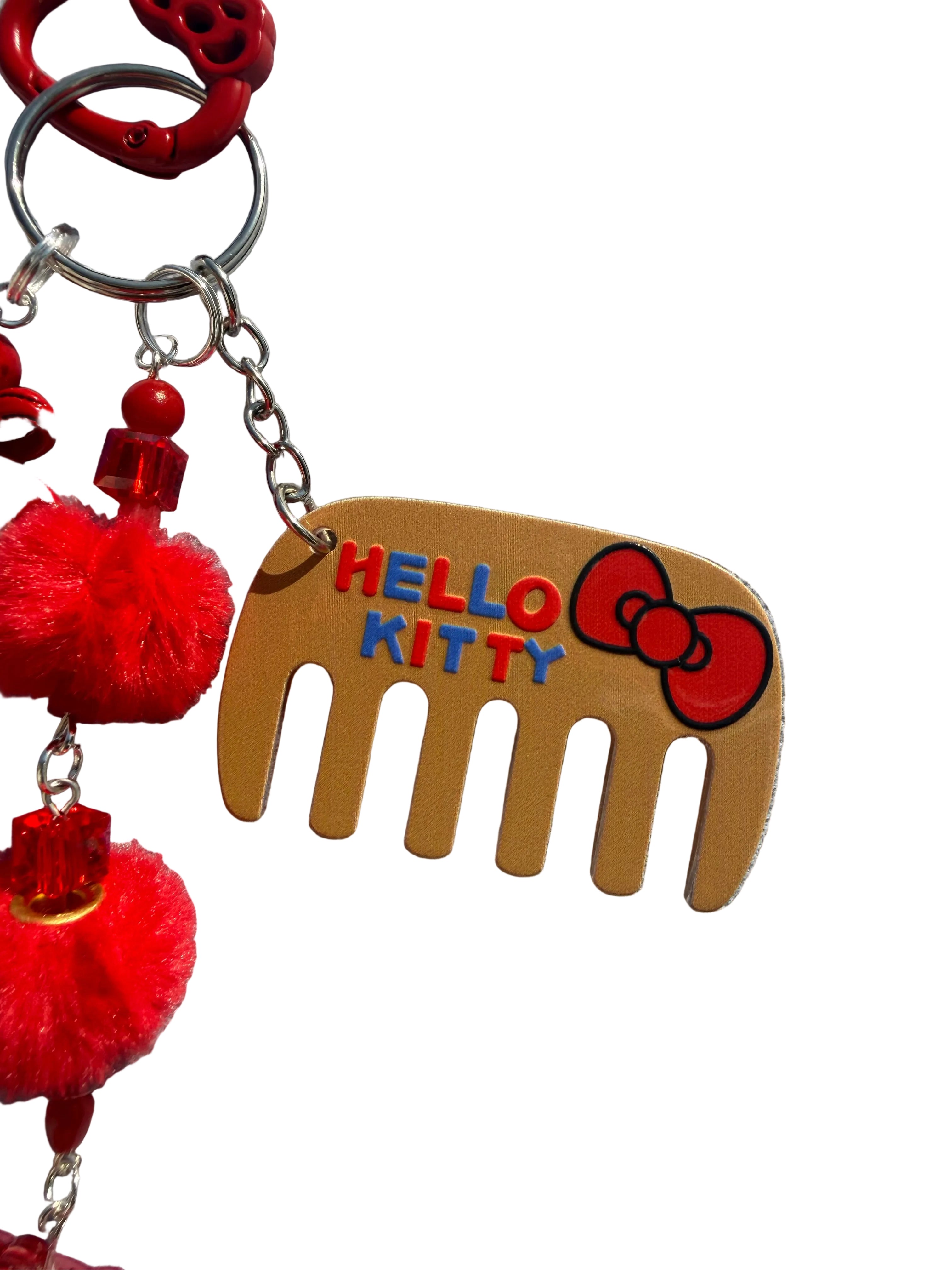 Red & Gold Kawaii Cat Charm Keyring with Mini Comb | Lucky Bag Charm