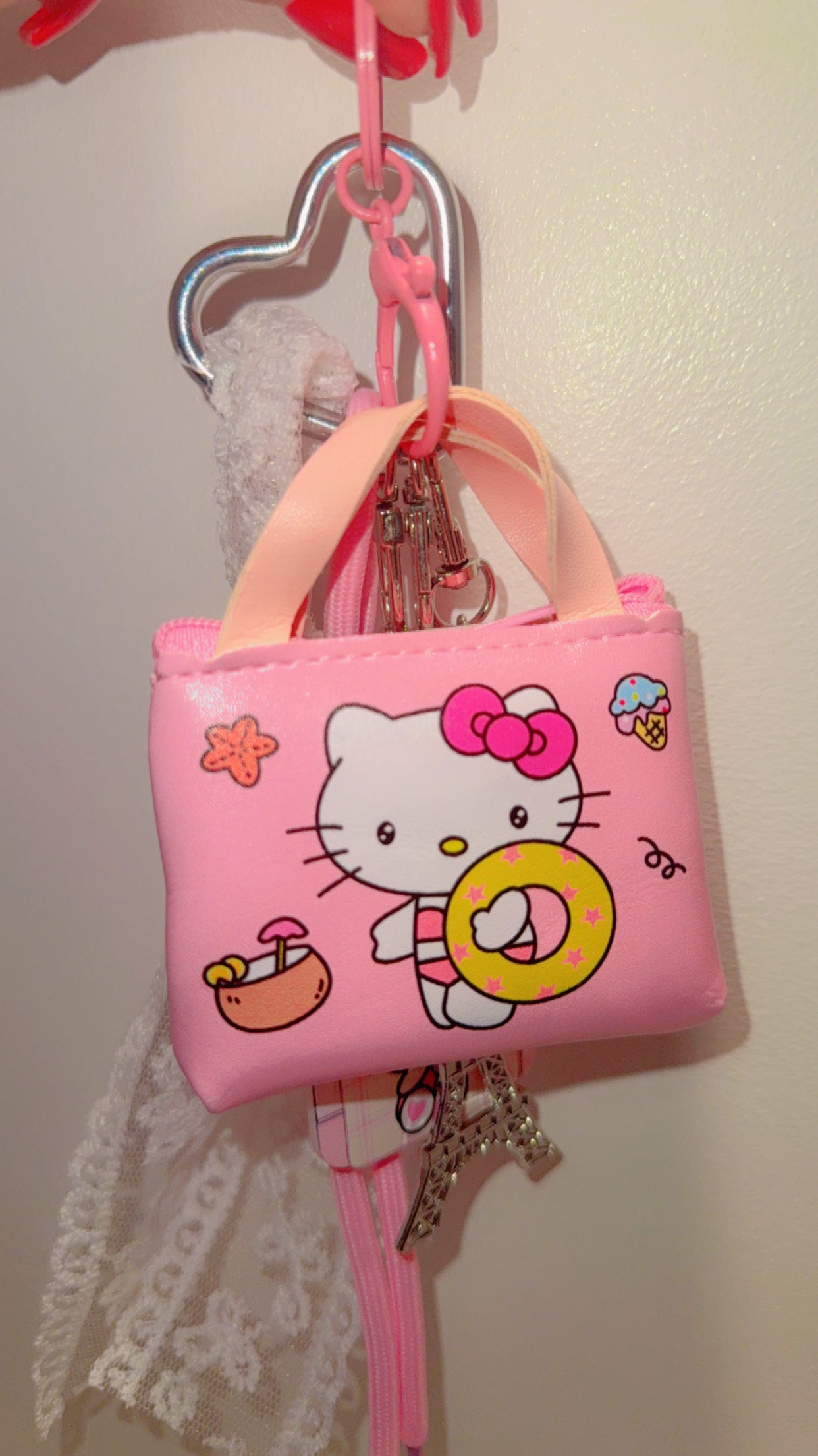 Kitty Inspired Mini Bag Charm | Kawaii Pink Keychain & Lace Accessory”