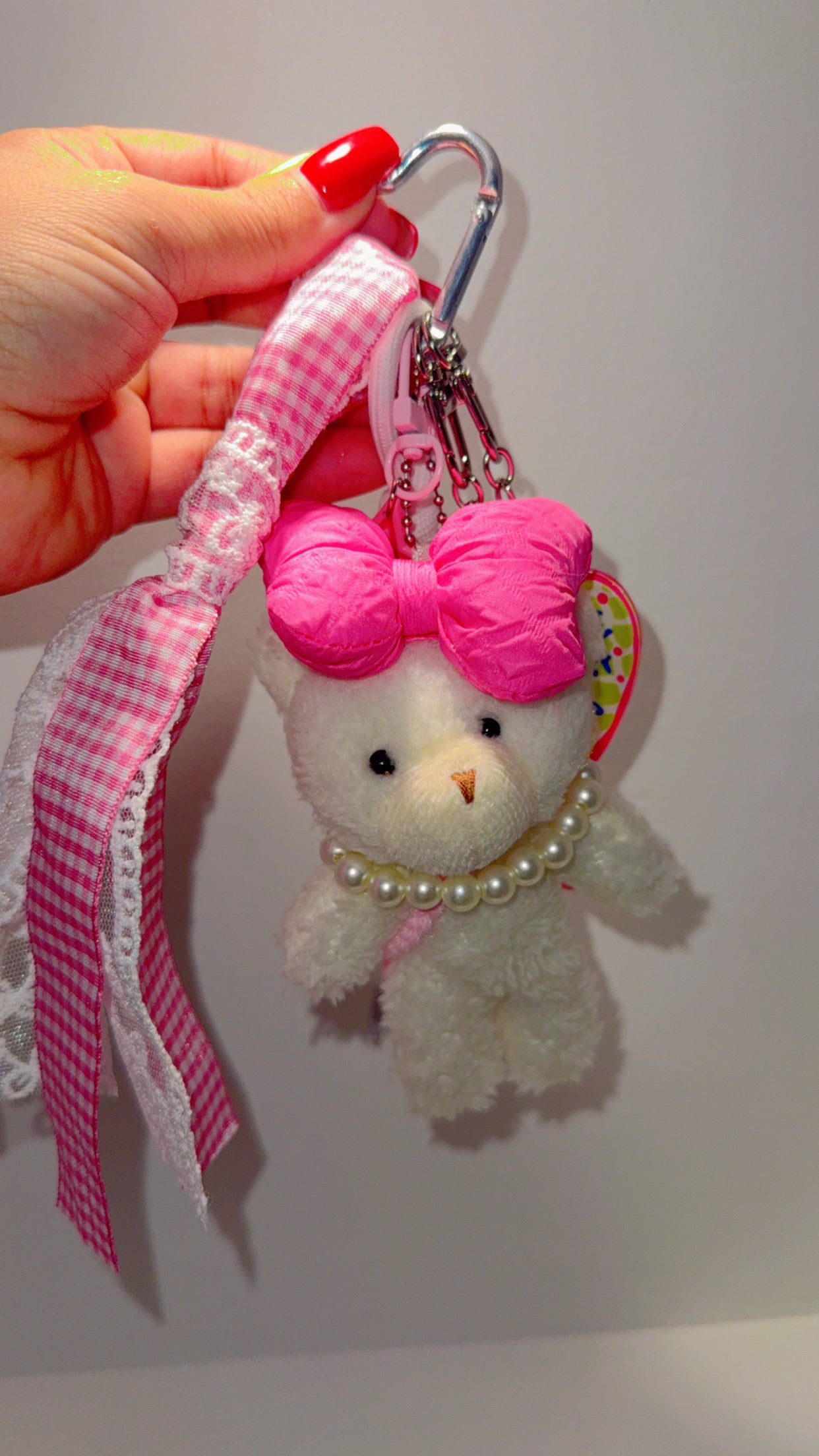 Kawaii Pink Bear Bag Charm | Handmade Ribbon & Pearl Accessory Keychain