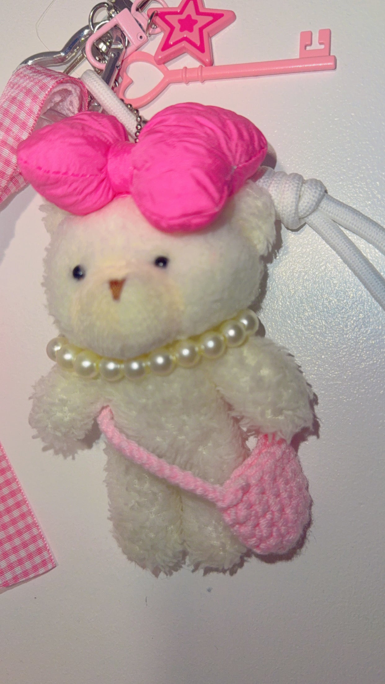 Kawaii Pink Bear Bag Charm | Handmade Ribbon & Pearl Accessory Keychain