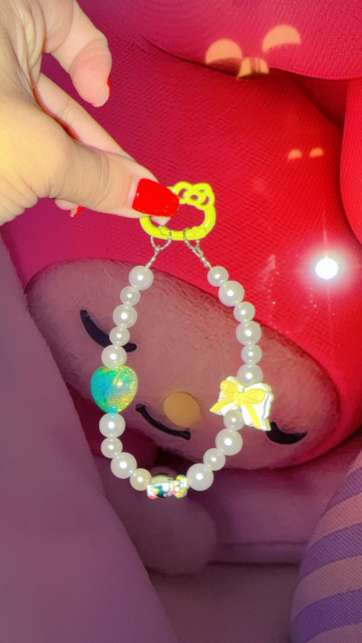 Kawaii Pearl Phone Charm | Pastel Heart & Bow Strap with Kitty Cosplay Bead
