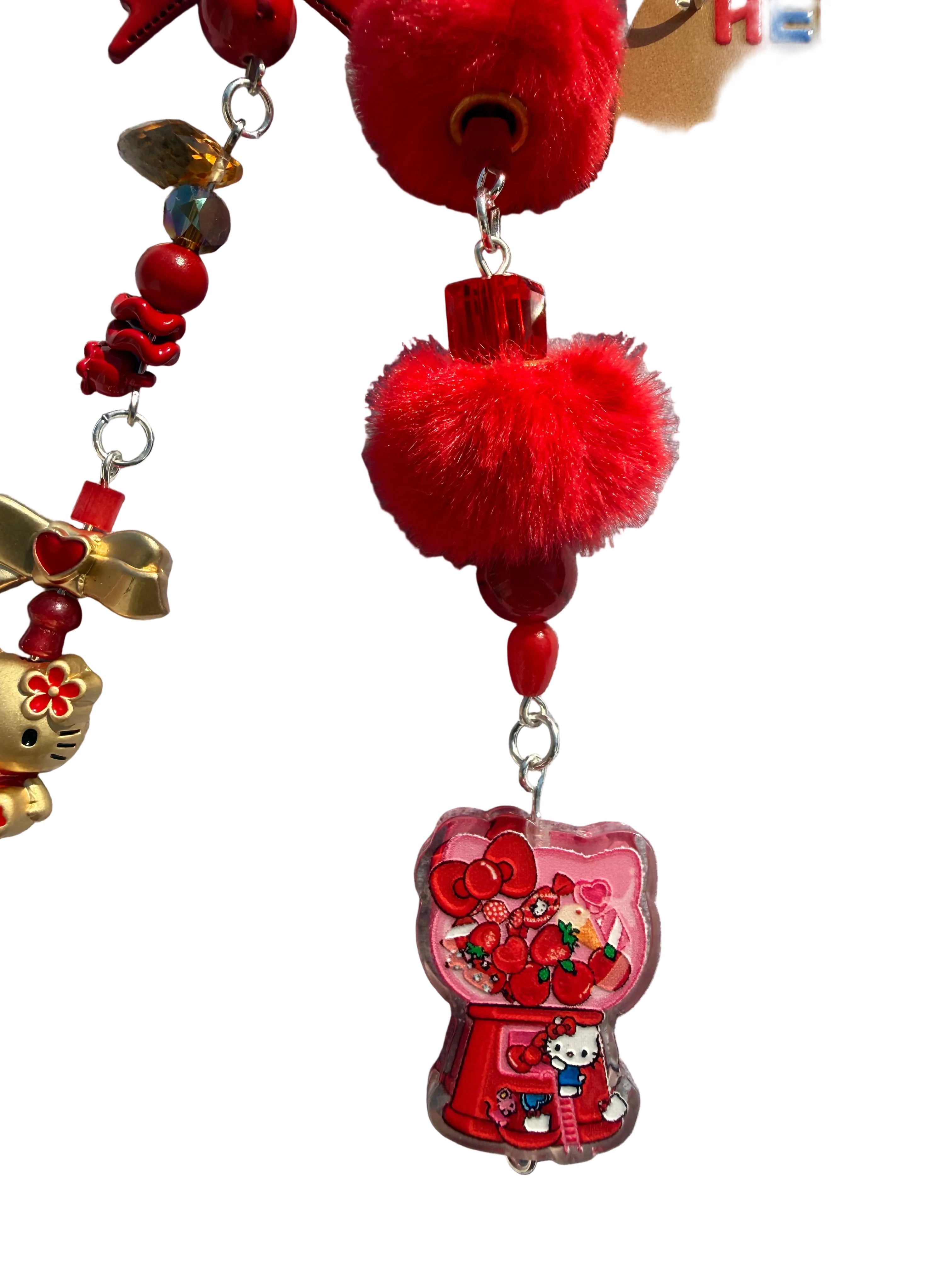 Red & Gold Kawaii Cat Charm Keyring with Mini Comb | Lucky Bag Charm