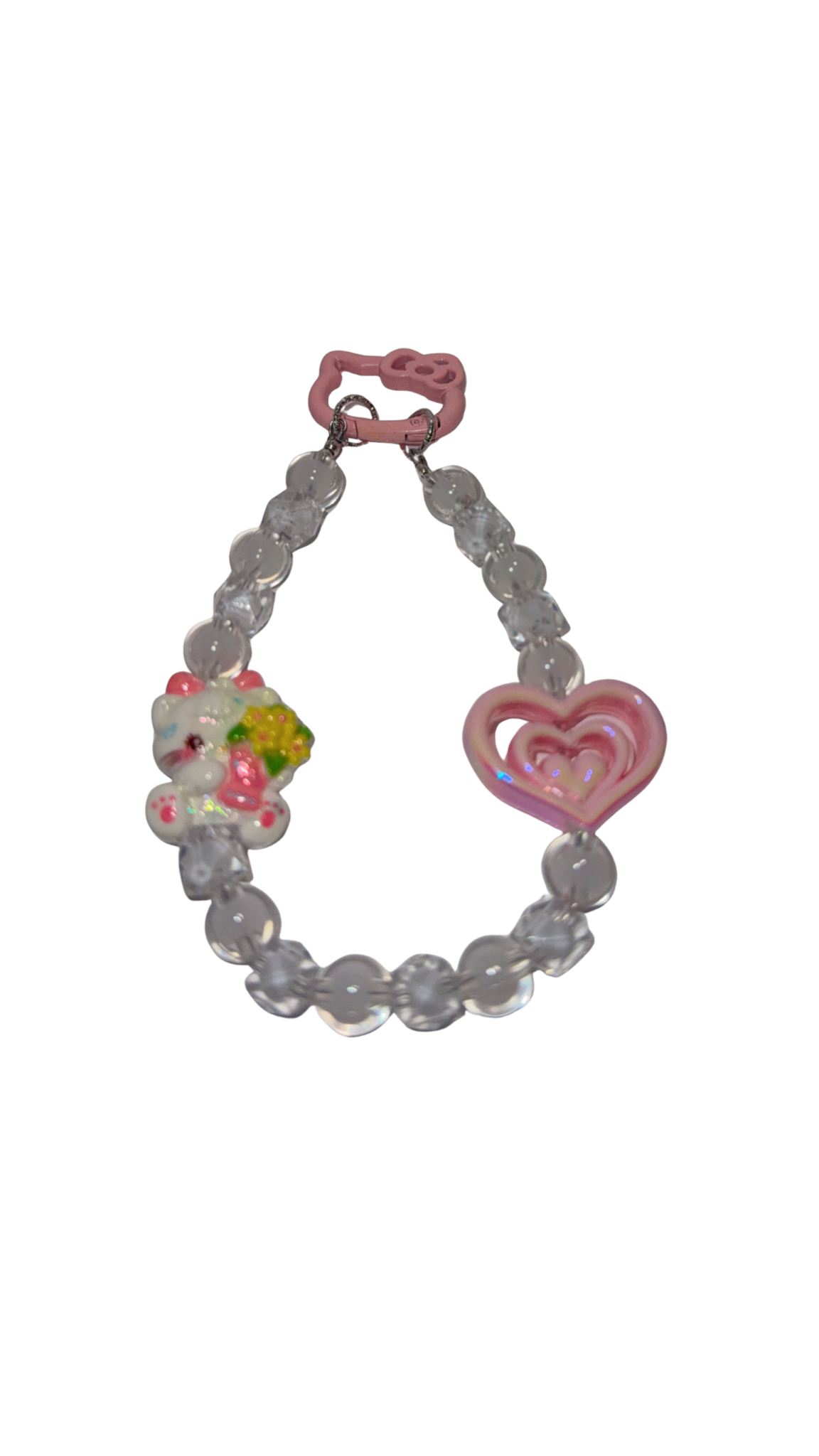 Kawaii Beaded Phone Charm | Clear Beads with Pink Heart & Bear Accent