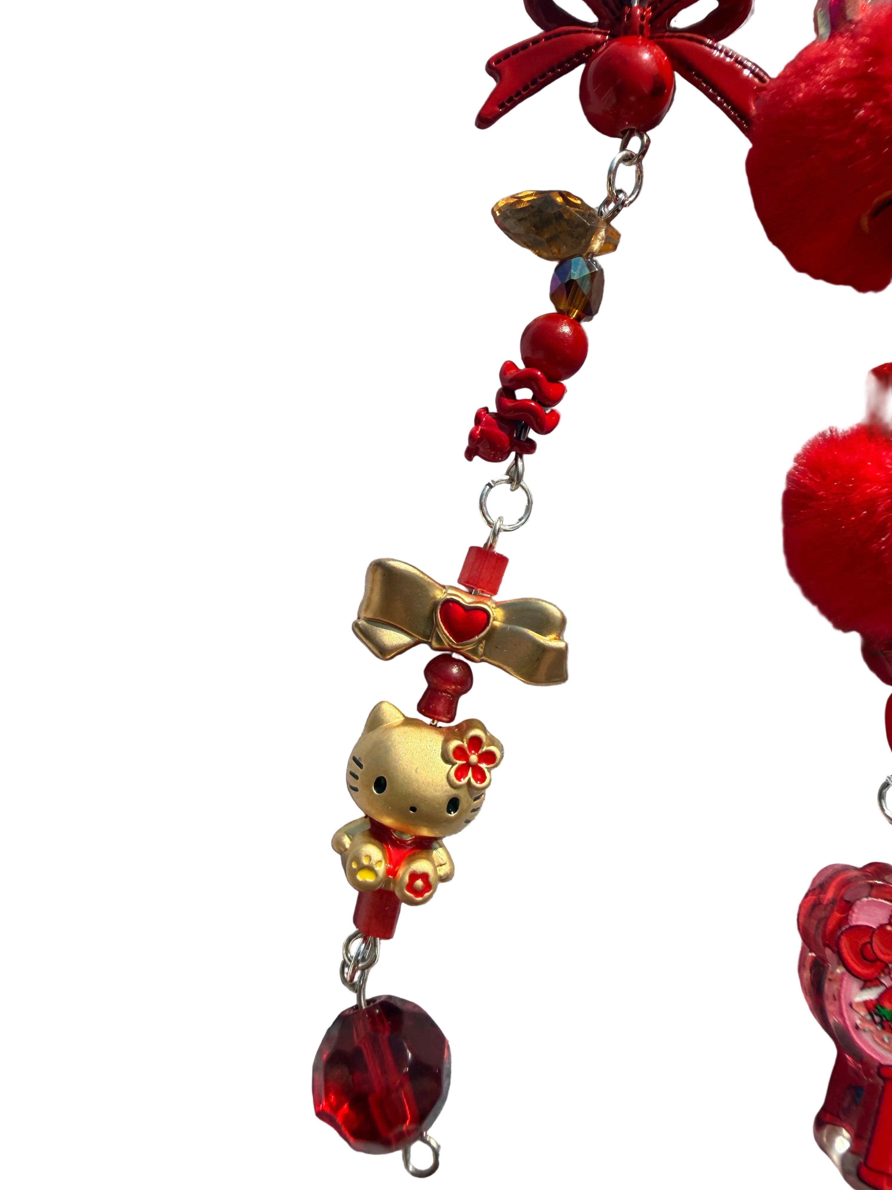 Red & Gold Kawaii Cat Charm Keyring with Mini Comb | Lucky Bag Charm
