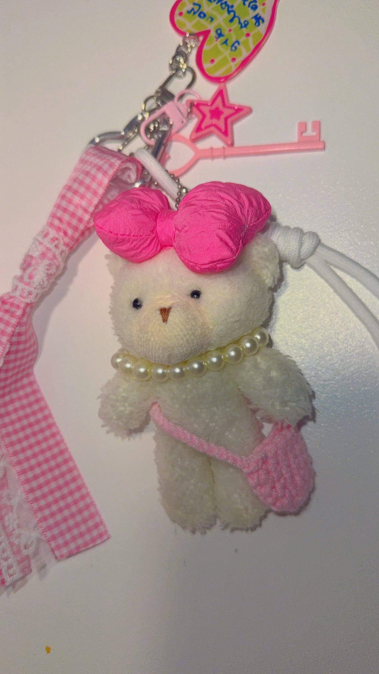 Kawaii Pink Bear Bag Charm | Handmade Ribbon & Pearl Accessory Keychain